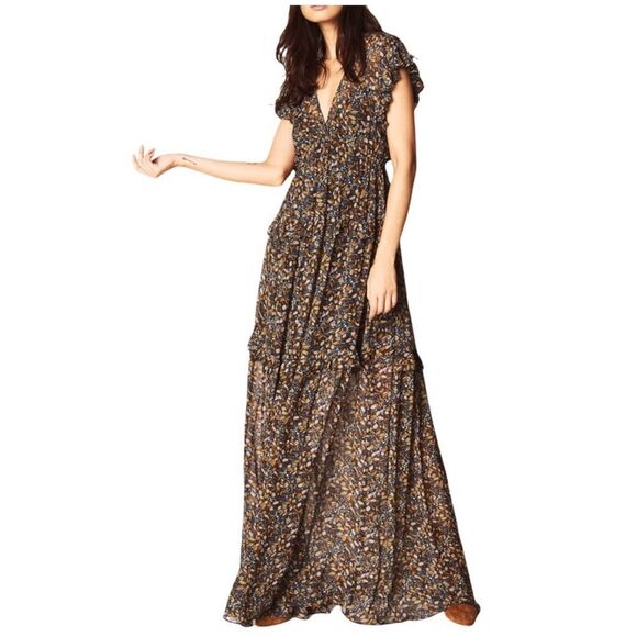 NWT ba&sh Samanta Ruffled Leaf Print Georgette Maxi Dress in Carbone - Picture 1 of 16